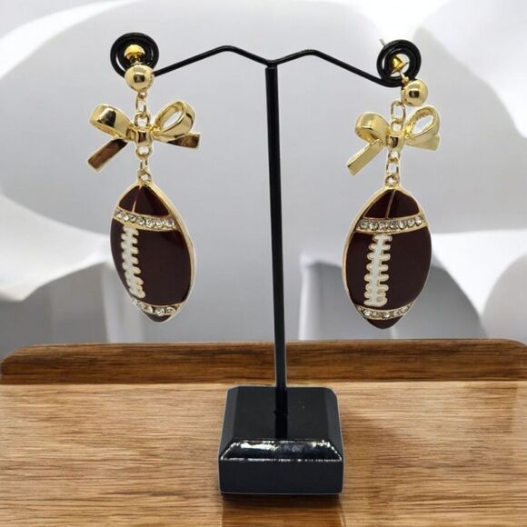 Rhinestone Football Earrings Women's Brown Enamel Gold Dangle Jewelry Pierced - Picture 3 of 7